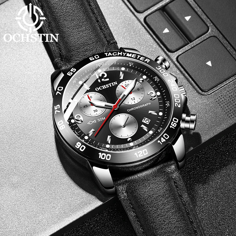 OCHSTIN Multi-Function Quartz Men’s Pilot Watch Man Genuine Leather Band Mineral Hardened Glass Daily Water Resistant Clock