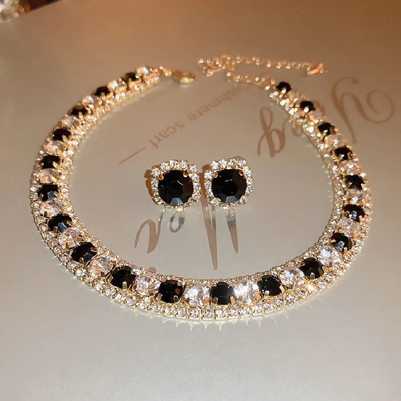 FYUAN Luxury Blue Black Crystal Necklace Earrings for Women Weddings Party Jewelry Sets Accessories