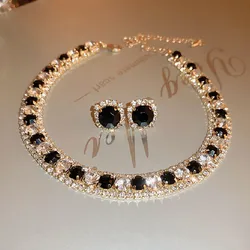 FYUAN Luxury Crystal Necklace Earrings Set Champagne Green Blue Black Necklace for Women Weddings Party Jewelry Sets Accessories