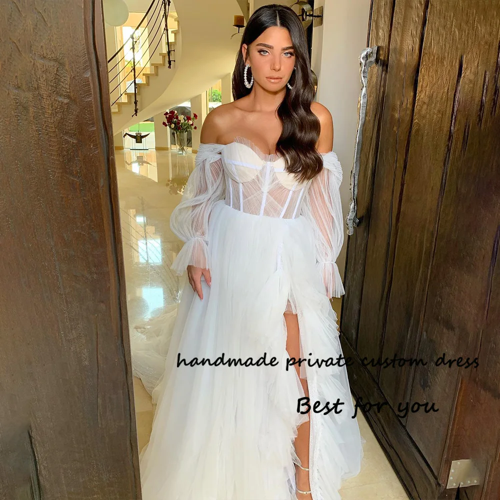 

White Tulle A Line Wedding Dresses Side Slit Illusion Corset Sweetheart Bridal Gowns Puff Sleeve Long Beach Wedding Bride Dress