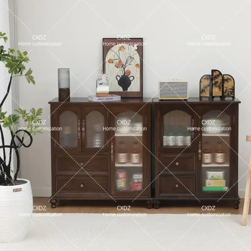 Solid Wood Dining Side Cabinet Tea Storage Cupboard Living Room Wall Mounted Thickened Locker Retro Style Furniture