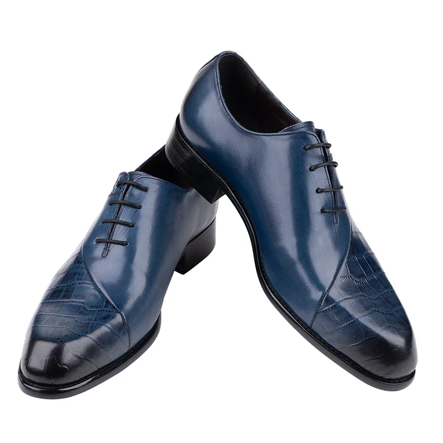 Blauwe Oxfords voor heren handgemaakte feestschoenen Luxe lederen schoen Bruine voering Nieuwe stijl Retro Designe Office Wear