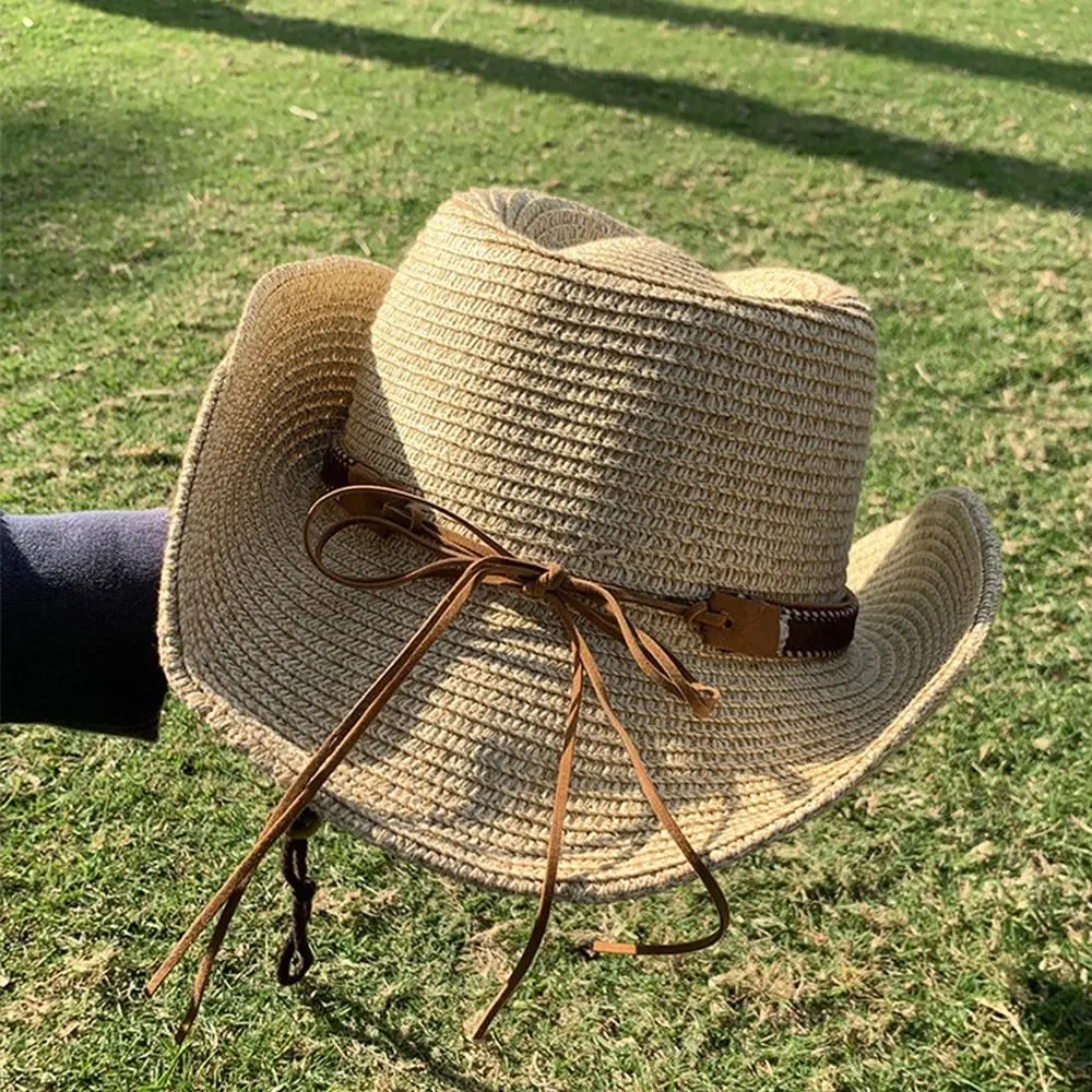 

Vintage Summer Western Cowboy Hats Wide Brim Vacation Straw Cowgirl Hat Hiking Travel Sunscreen Visor Cap Outdoor