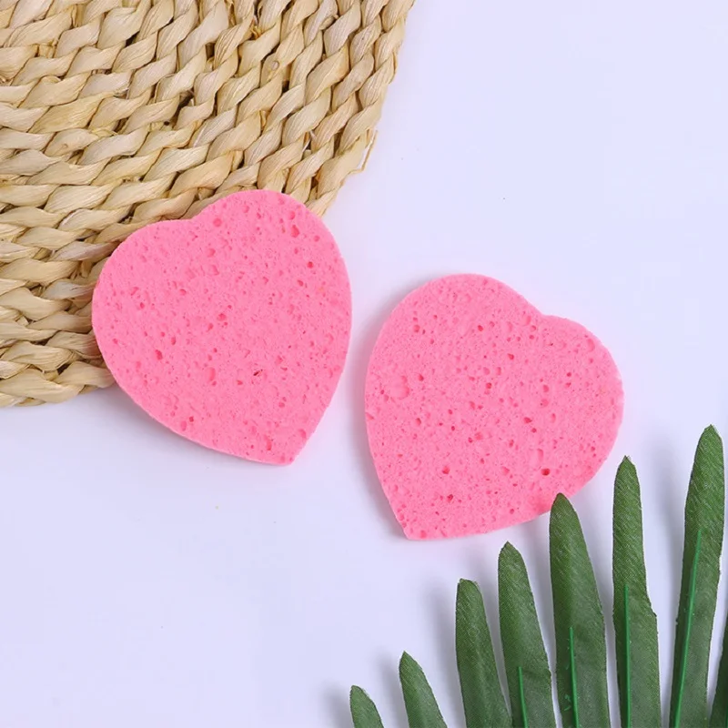 5Pcs Heart Shaped Cleansing Sponge Cellulose Compress Puff Wood Pulp Exfoliator Soft Face Wash Pad Cleanup Skin Care Makeup Tool