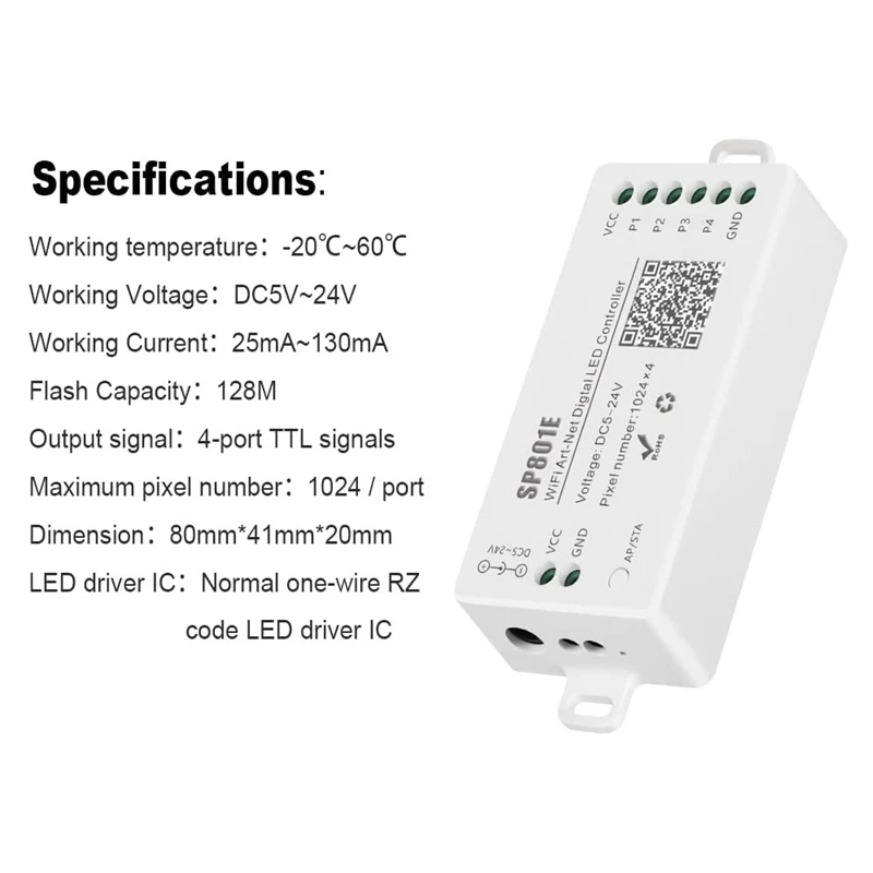 Imagem -03 - Módulo Painel Matriz Led com Controle sem Fio Sp801e Wi-fi Art-net Controlador Led Ws2812b Ws2811 Faixa de Luz Dc524v