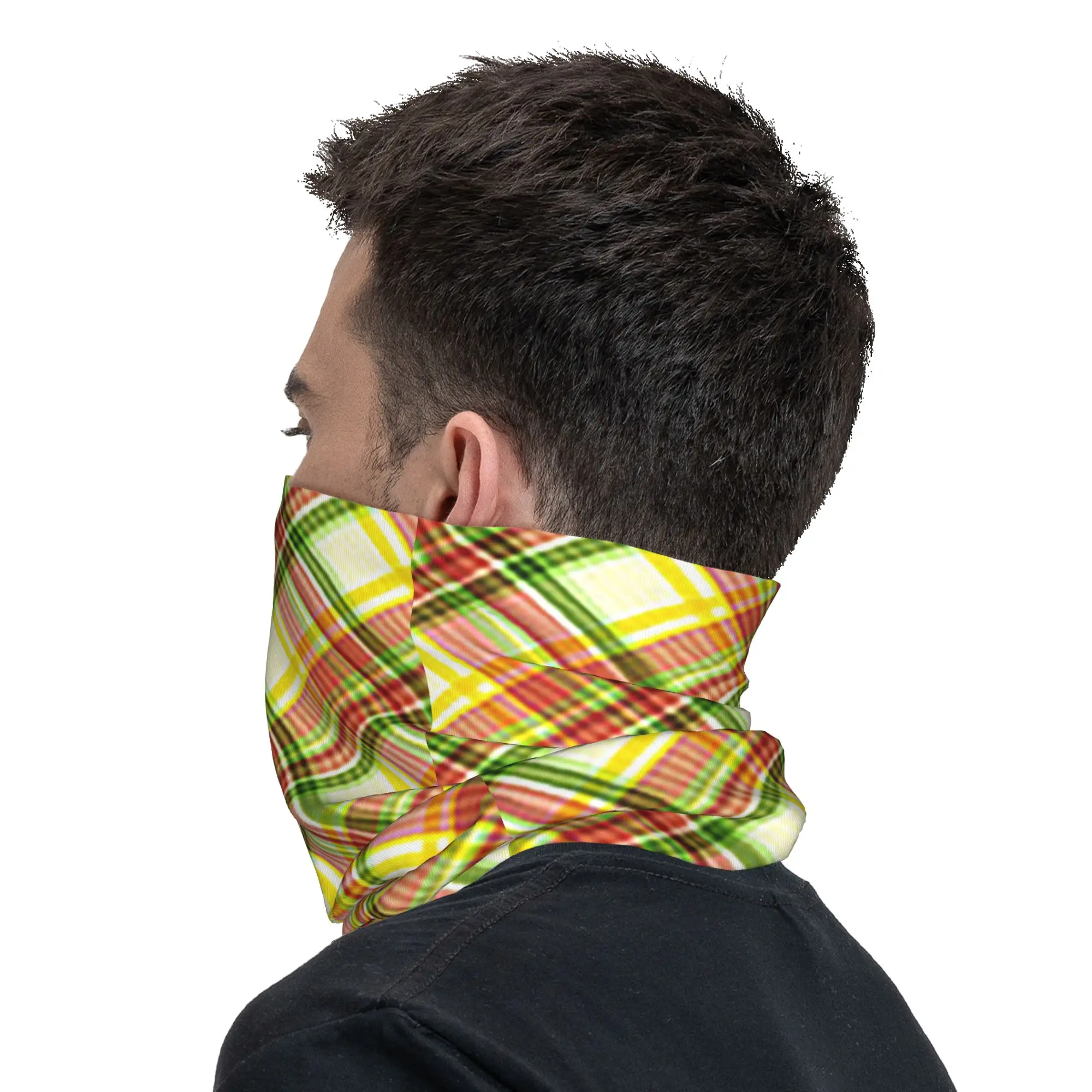 Yellow And Green Plaid Design Bandana Neck Cover Printed Mask Scarf Warm Face Mask Hiking Fishing For Men Women Adult view 6