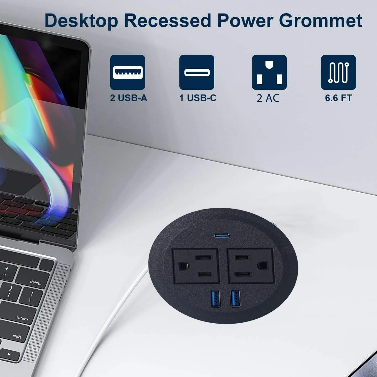 US Built-in Desktop Socket with USB 20W-Power Grommet Office Desk Surface Mount Power Sockets Embedded-Desk Electrical Outlet