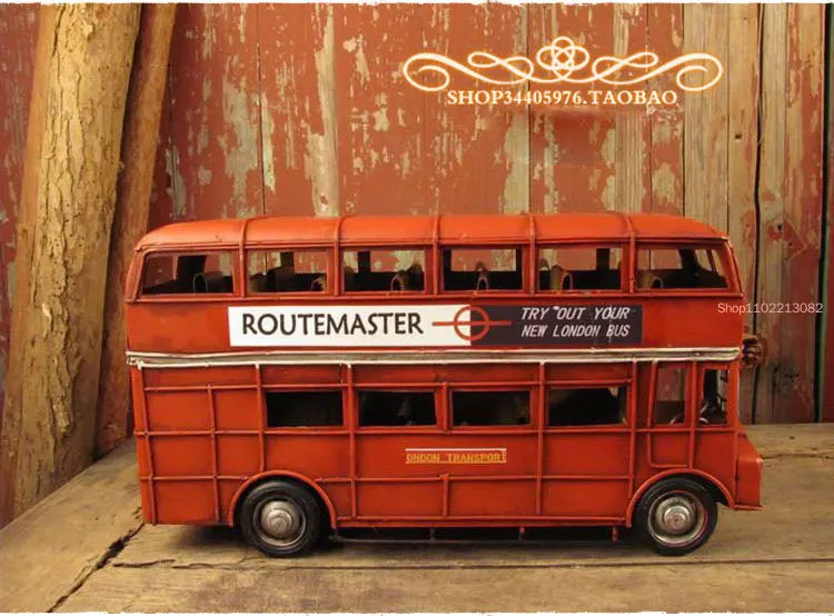 Vintage Handmade Metal Car British London Double-decker Bus Model Home Decoration Props Ornaments