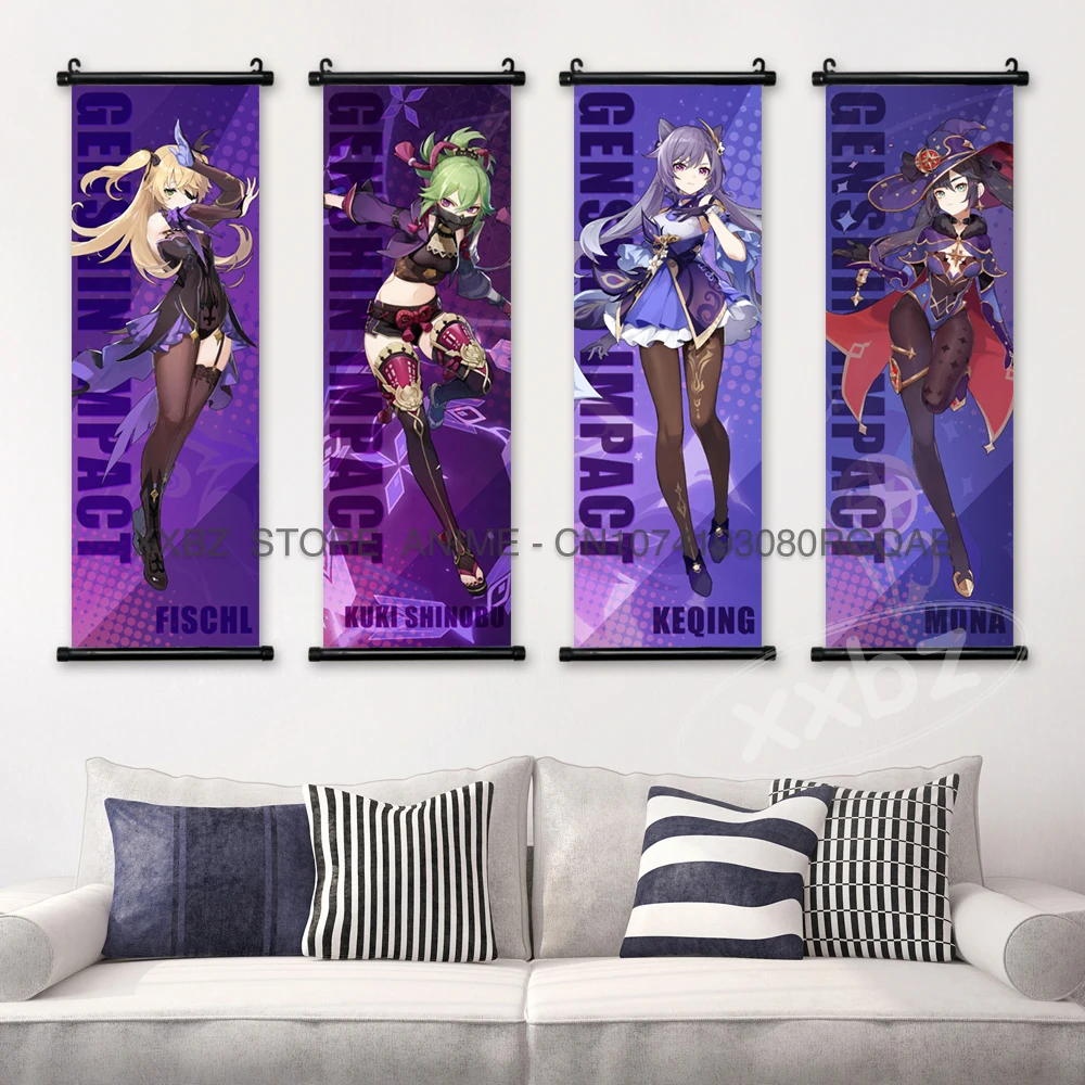 Genshin Impact Scrolls Pictures Game Character Poster Wall Art Hu Tao Home Decor Kamizato Ayato Hanging Painting Christmas Gifts