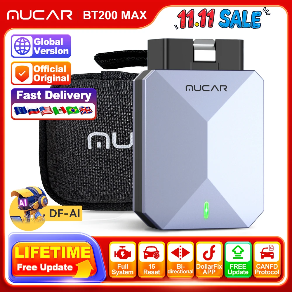MUCAR BT200 MAX Free Update Global Version Auto OBD2 Scanner Full System Bidirectional 15 Reset CANFD Car Diagnostics Tools