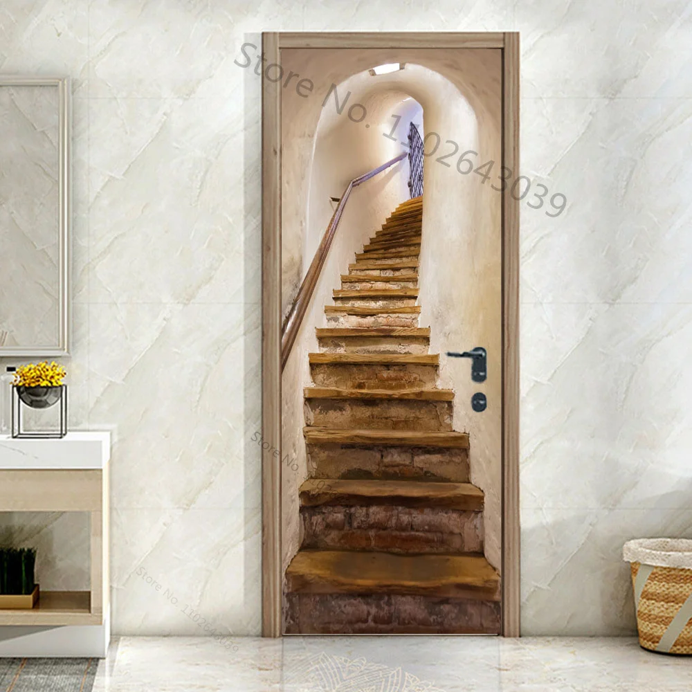 Custom Size 3D Staircase Steps Door Stickers Self Adhesive Waterproof Modern Scenery Home Room Door Wrap Mural Cover Wallpaper