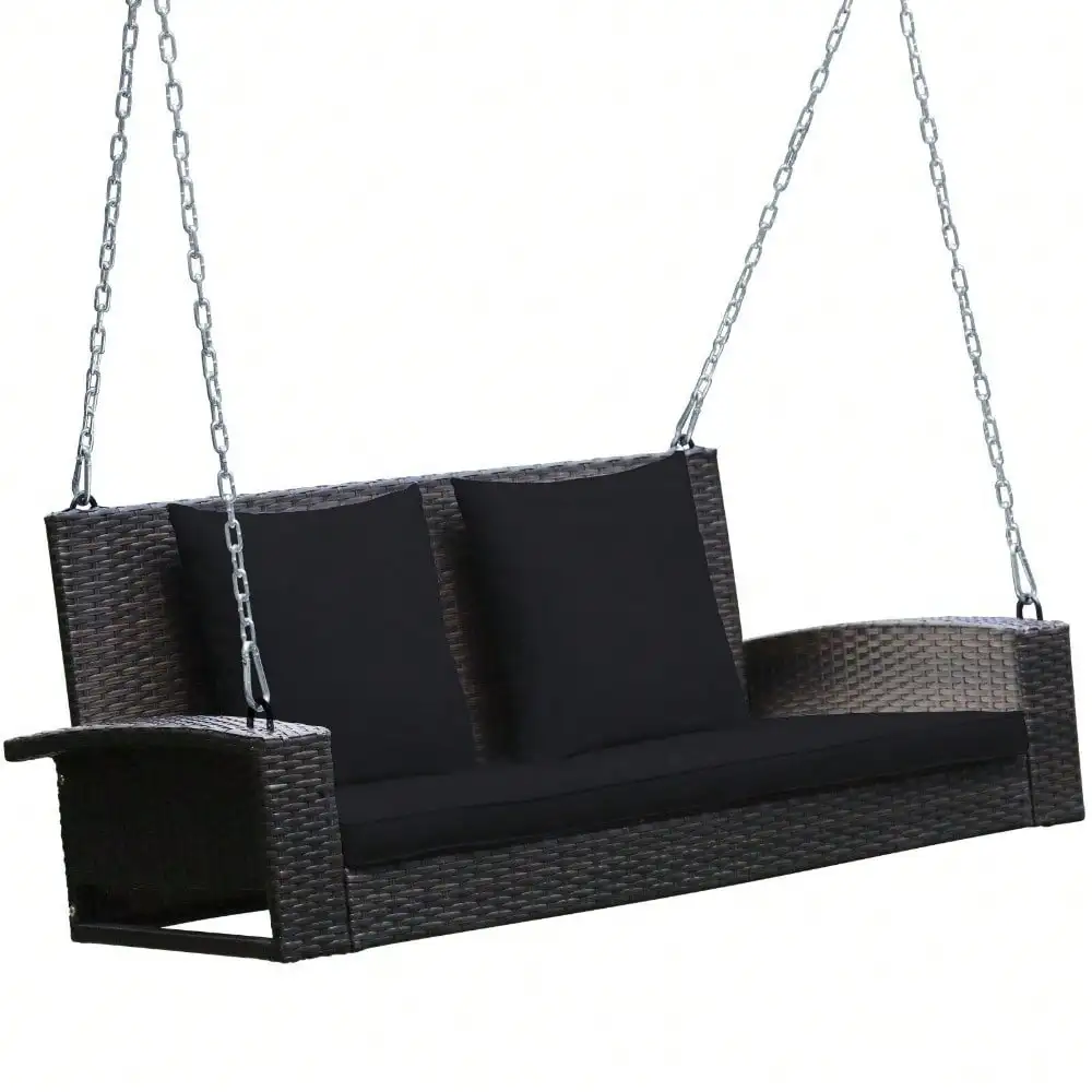 Top Selling 2-Person Patio Rattan Hanging Porch Swing Bench Chair Cushion Black