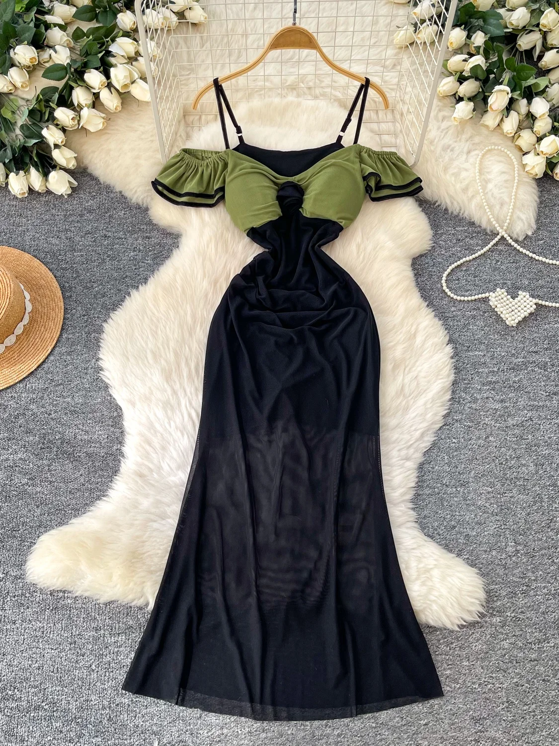 

Весеннее корейское платье А-силуэта, женская длинная юбка с завышенной талией, приталенное, из сетчатой прозрачной ткани, для офиса и повседневной носки