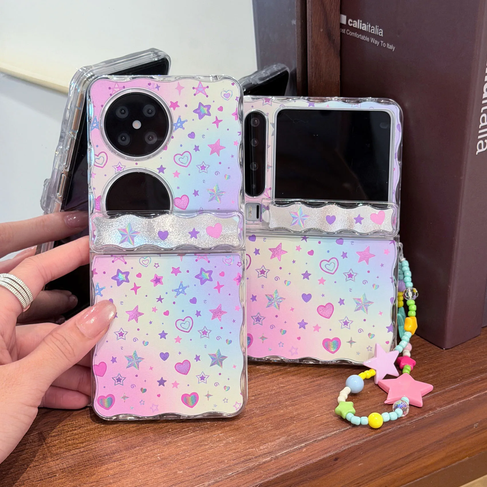 

Back Cover For Huawei Pura X Pocket 2 Case Pink Glitter Star Love Bracelet Wristband Chain Shockproof Phone Case