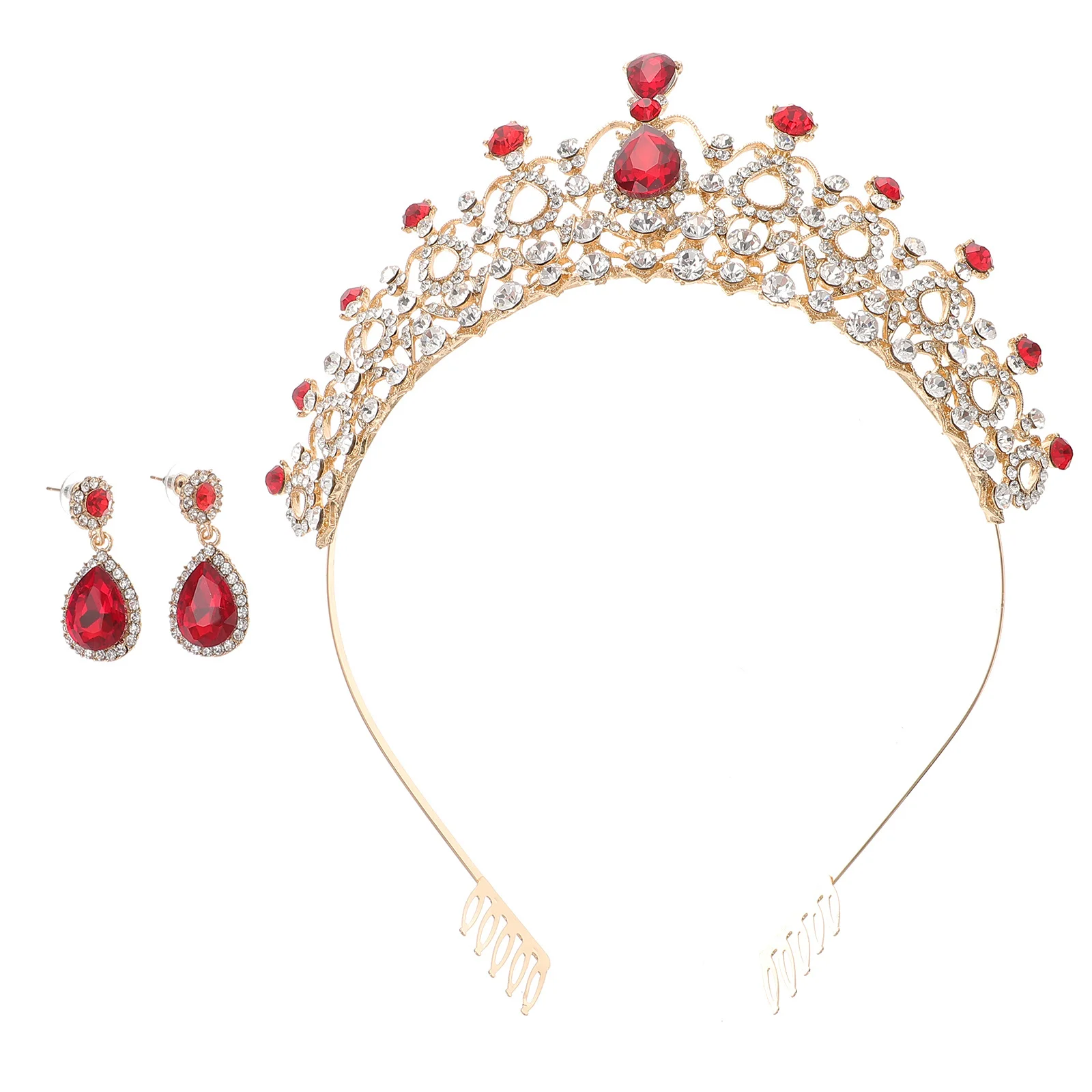 

Red Crystals Rhinestone Hair Crown Clip Earrings Set Wedding Bridal Tiaras Hairpiece Jewelry Tiaras Earring Set
