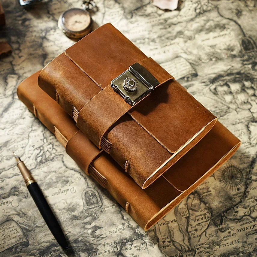 Genuine Leather Handmade Notebook A5 Size Password Lock Notebook Cowhide Vintage Sketchbook for School & Official Supplies Book