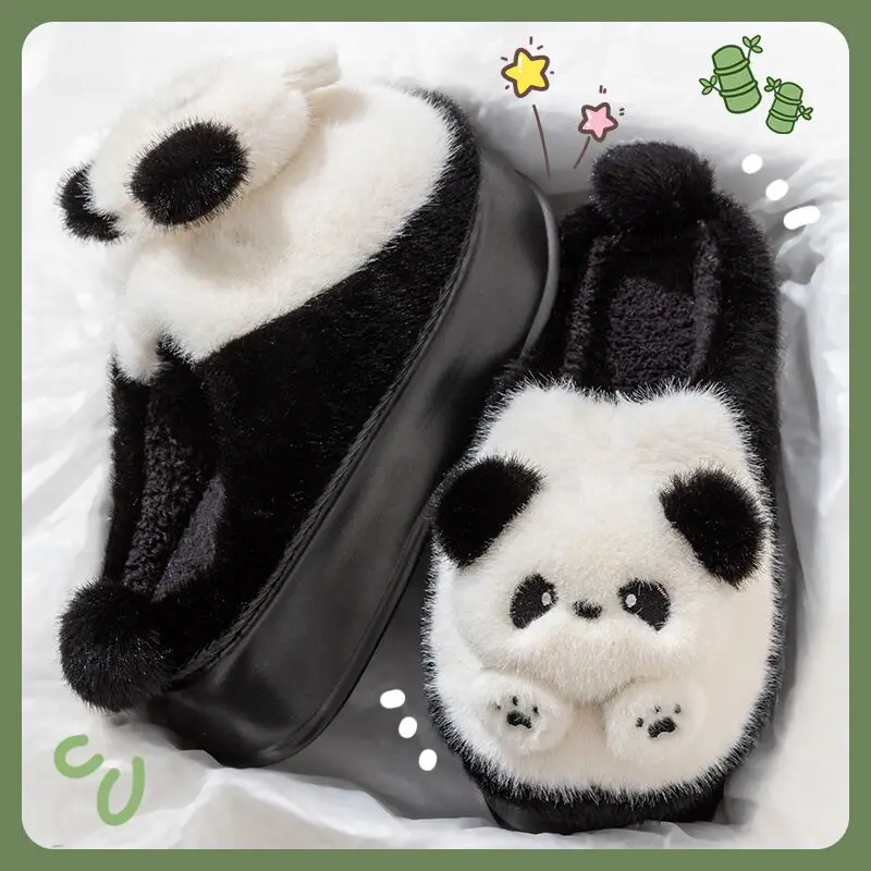 

New 6 cm heel panda slipper women fluffy kawaii animal slides woman indoor fuzzy plush home shoes ladies furry platform slippers