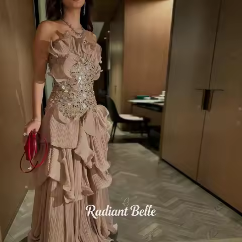 Radiant Customized ﻿Evening Dress Fashion Matching Sequined Pleat A-line Strapless Long Dresses Occasion Celebrity Style