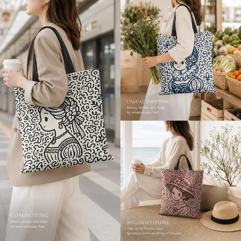 Vintage Lady Doodle Portrait Storage Bags Canvas Tote Bag Large Capacity Reusable For Shopping Commute Grocery Shoulder Bag Gift