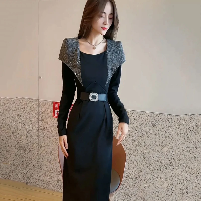 

Elegant Heavy Industry Contrast Color Stitching dress Women's Autumn New Mid-length Slim Split Long Dress Pullover Black dresses