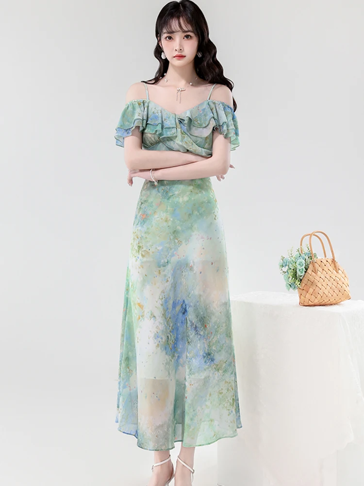 الصيف Bech نمط الأخضر الأزهار شيك تكدرت مثير حبال فستان طويل المرأة أنيقة قطعة واحدة فستان 2025 الكورية Bodycon فستان الحفلات #5