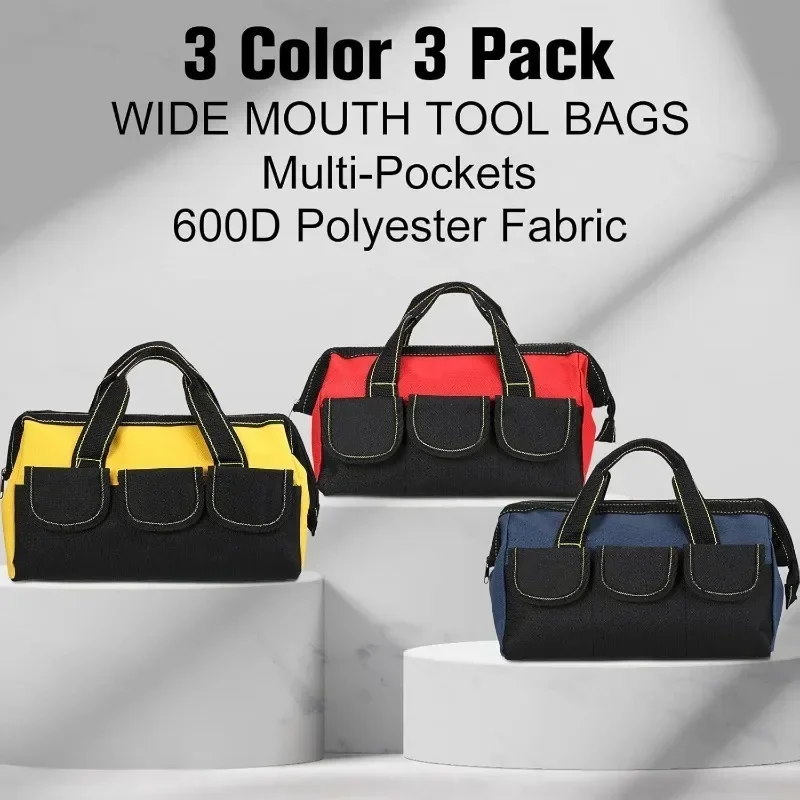 Bolsa de ferramentas para homens, bolsa de ferramentas resistente, bolsa de ferramentas de boca larga para várias ferramentas, eletricista mecânico (azul, vermelho, amarelo, 13 polegadas)