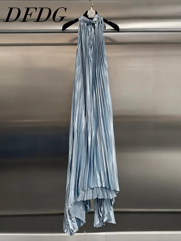 

DFDG женское весенне-летнее платье макси цвета металлик 2024, однотонное платье с лямкой на шее, открытой спиной, без рукавов, с завязкой на талии, элегантное дизайнерское платье