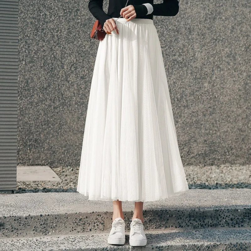 Hot Women Mesh Elastic Tutu Skirt Beach Spring Summer Korean High Waist Fashion Pleated Long Skirt Black White Tulle Skirts