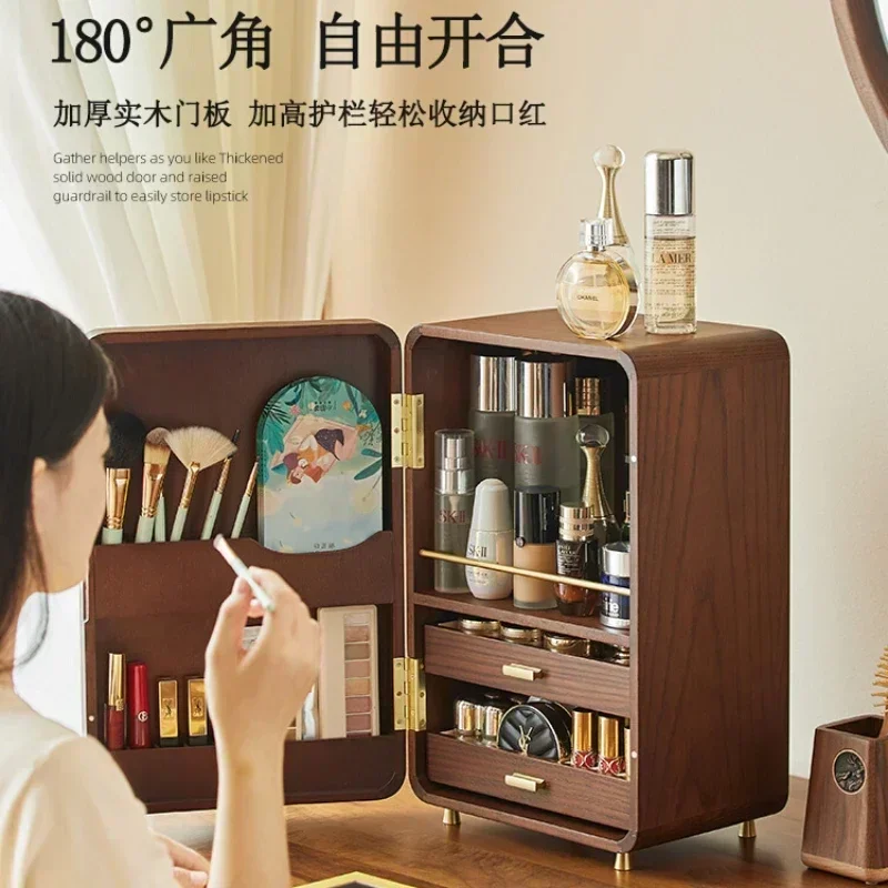 Solid wood cosmetics storage box, desktop dust-proof cosmetic cabinet, skin care product rack Hot sales