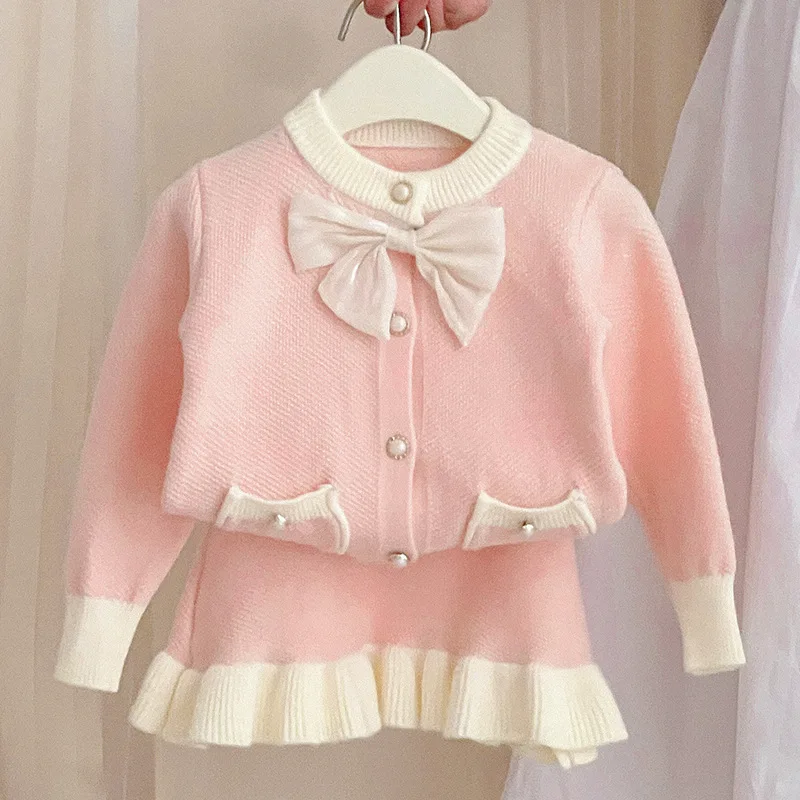 Girls' Sweater Set Autumn Winter New Bow Children's Sweater Cardigan Sweet Knitted Fish Tail Skirt Two Piece Outfit