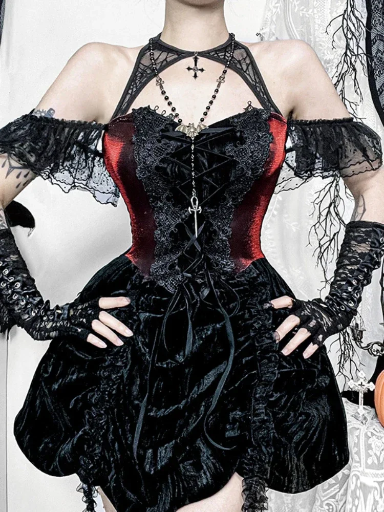 2025 New Vintage Dark Lolita Dress Women Gothic Hotweet Streetwear Lace Patchwork Bandage Corset Dresses Nightclub Cosplay Dress