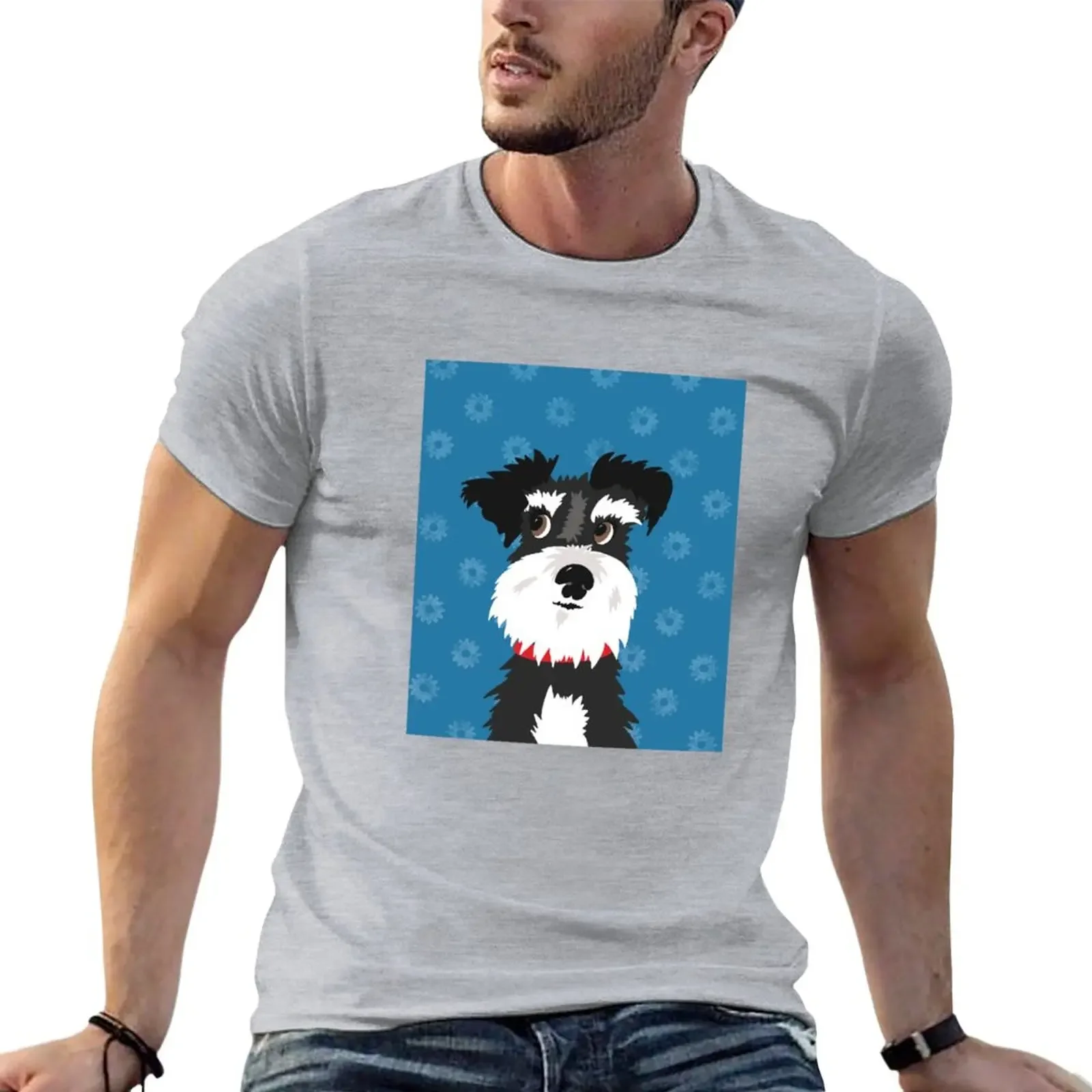 Black and White Miniature Schnauzer Dog with Blue Daisies T-Shirt plus size tops mens t shirt