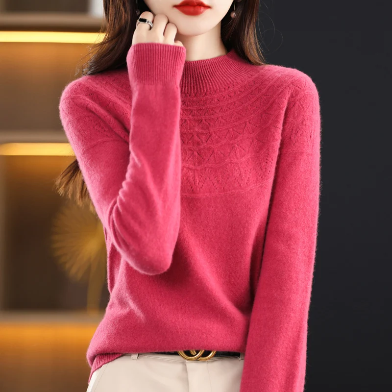 100% Cashmere Sweater Women's High Neck Sweater Hollowed Out Knitted Pullover Loose Autumn Winter Women's Long Sleeve Top 2024