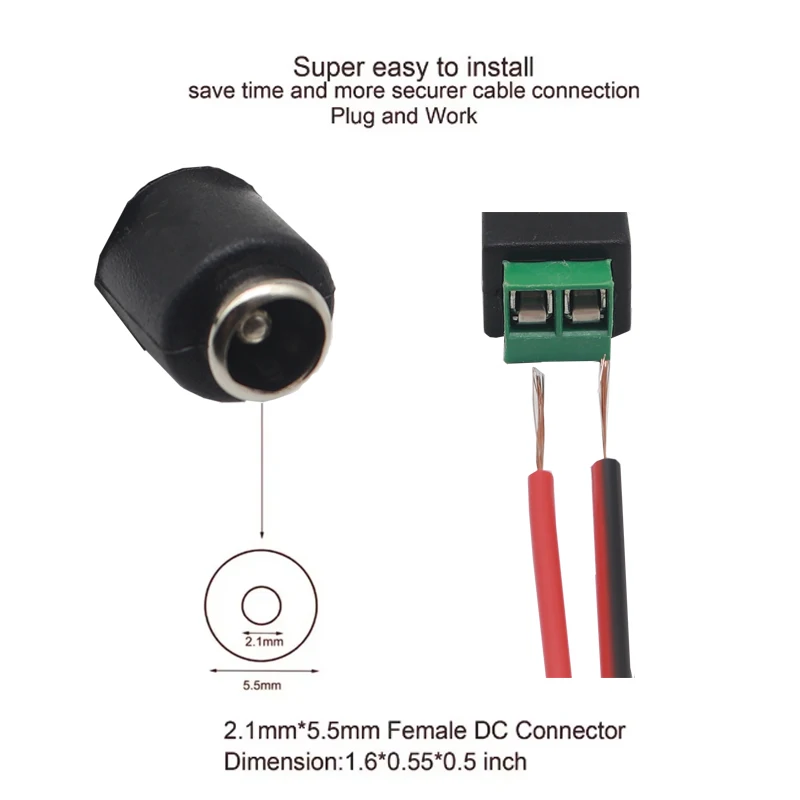 Female and Male DC Connectors 5.5x2.1mm Power Plug Adapter Jacks Sockets Connector For Single Color LED Strip CCTV Camera