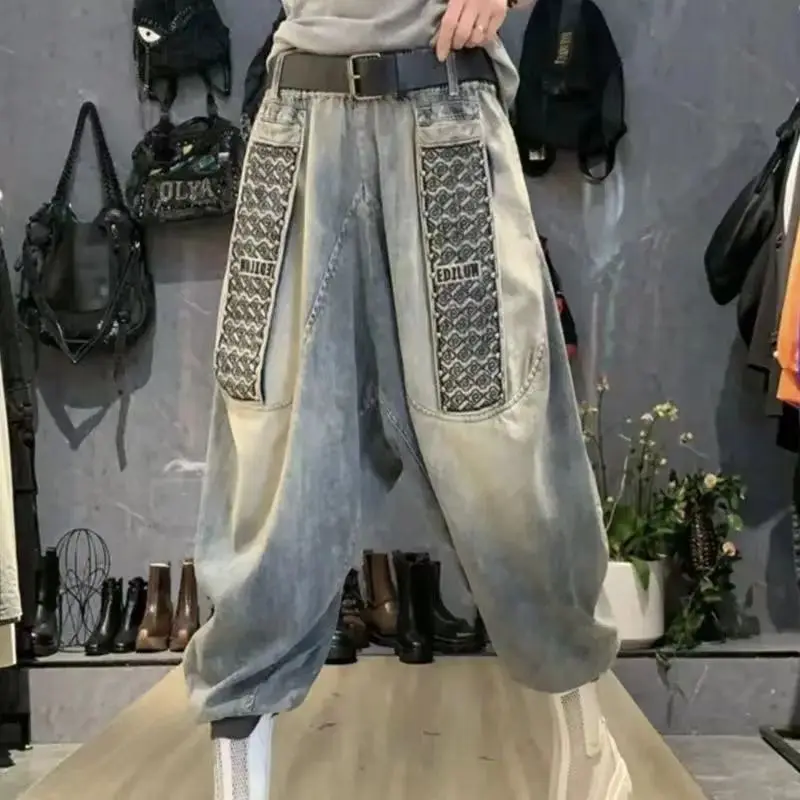 Calças de brim femininas soltas casuais algodão denim grande bolso tornozelo comprimento calças rebite design harem calças 2025 novo outono estilo streetwear