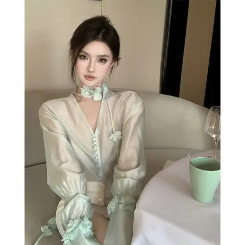 쉬폰 블라우스 봄 여름 신상 프랑스 스타일 수제 꽃 장식 긴팔 탑 셔츠