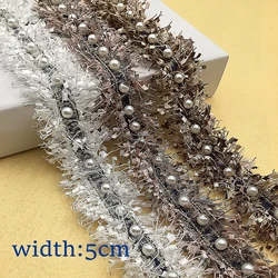 1Yard and 1.97 Inch Width White Beaded Ribbon Tassel Lace Trim For Clothing Accessories Shoe Hat Decoration Diy Sewing Supplies