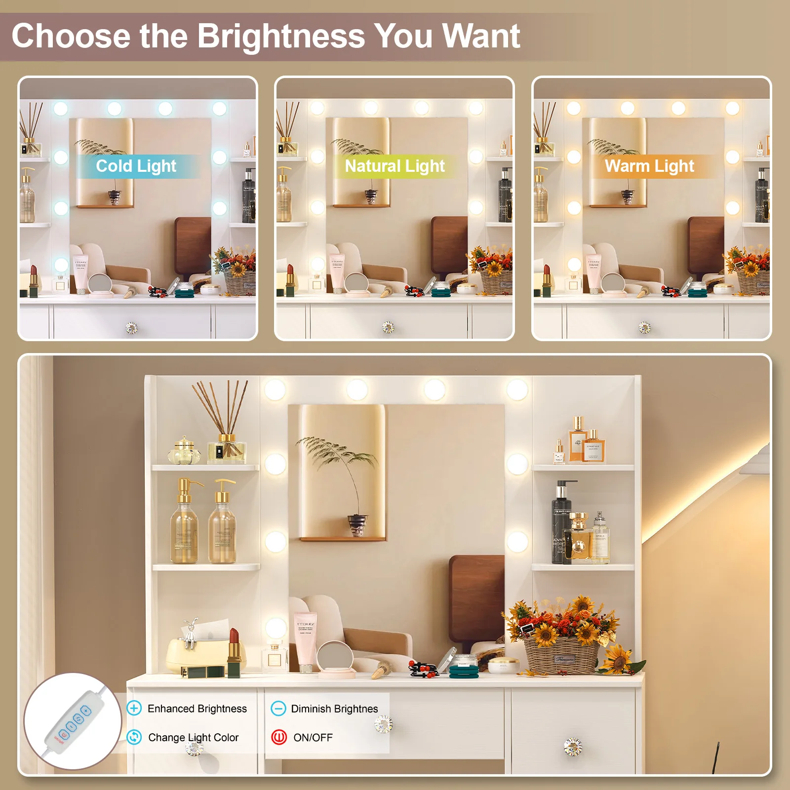 طاولة زينة خشبية معاصرة مع مرآة مضيئة - 3 أوضاع قابلة للتعتيم وأدراج وتخزين