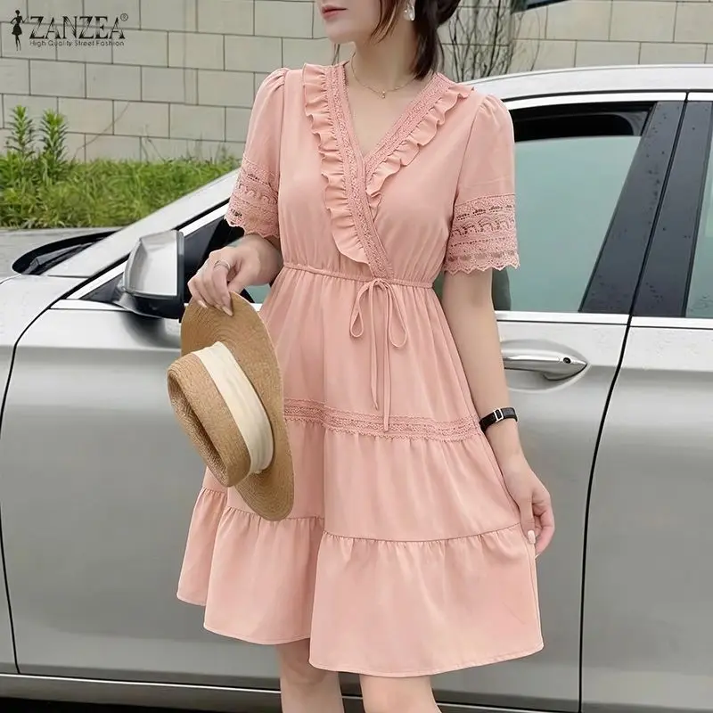Lace French Summer Dress WomenV-Neck Puff Sleeve Drawstring Vestidos ZANZEA High Waist Vacation A-Line Sundress Ruffle Robe