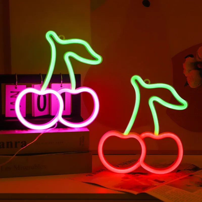 Cherries Neon Lights for Kids Gifts Cherry Neon Signs for Home Wall DecorCute Fruits LED Signs for Restaurants Bar Fruit Shop