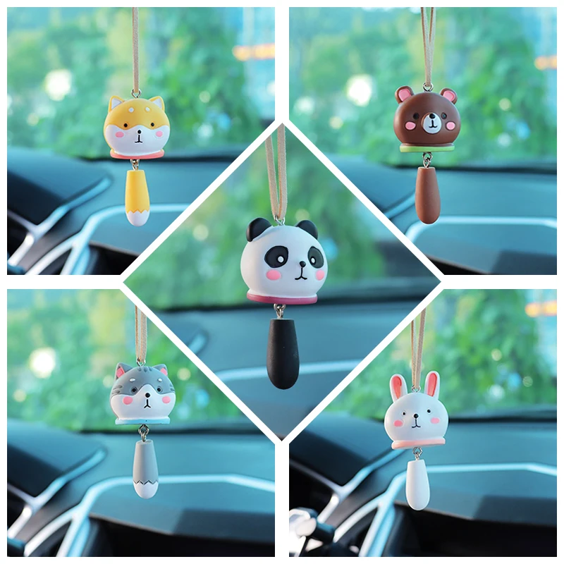 Wagging Tail Cartoon Animal Cat Auto Rearview Mirror Pendant Panda Bear Rabbit Car Interior Decoration Accessories Lovely Gifts