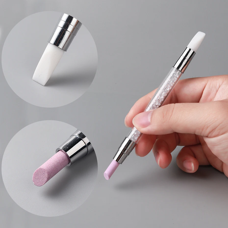 2 pezzi Penna per unghie a doppia testa Penna per molatura per unghie al quarzo viola Design per unghie Penna per unghie in silicone bianco Strumento multifunzionale