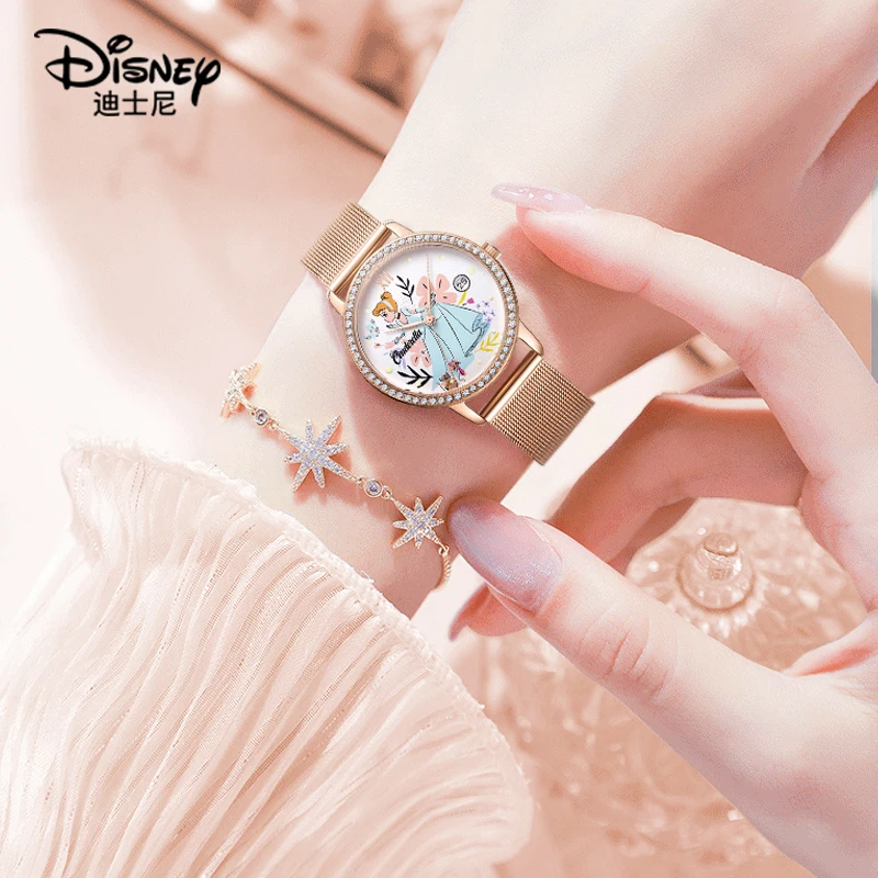 Disney Cinderella Women Bling Crystone Casual Young Lady Quartz Wristwatch Date Female Princess Cartoon Pretty Relogio Feminino