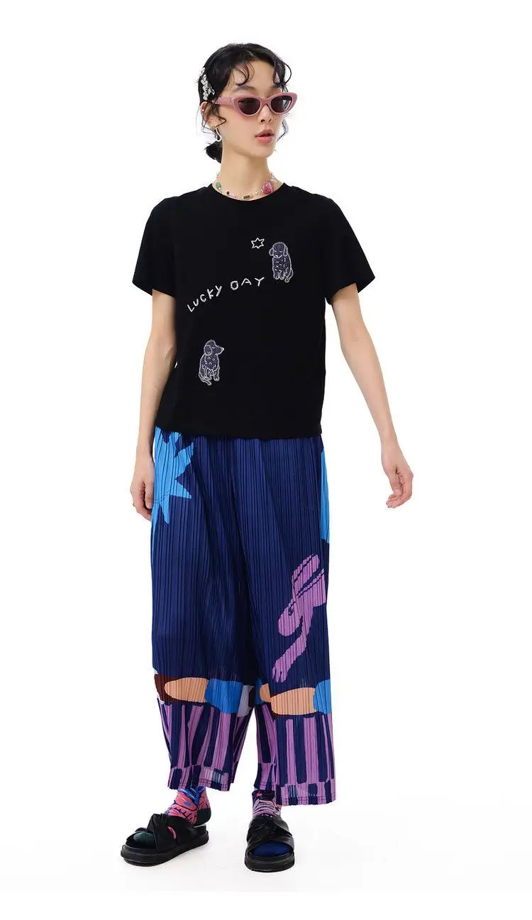 Pleated summer new FUN series elastic waist pocket fun printing casual straight-leg pants women trousers