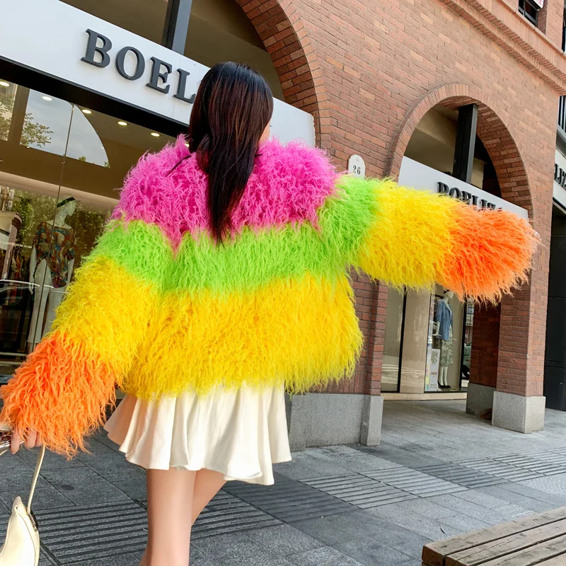 Mulheres casaco de pele do falso jaqueta curta tie dye cor bloqueada o pescoço ponto aberto jaquetas soltas grosso outono streetwear 2025 inverno