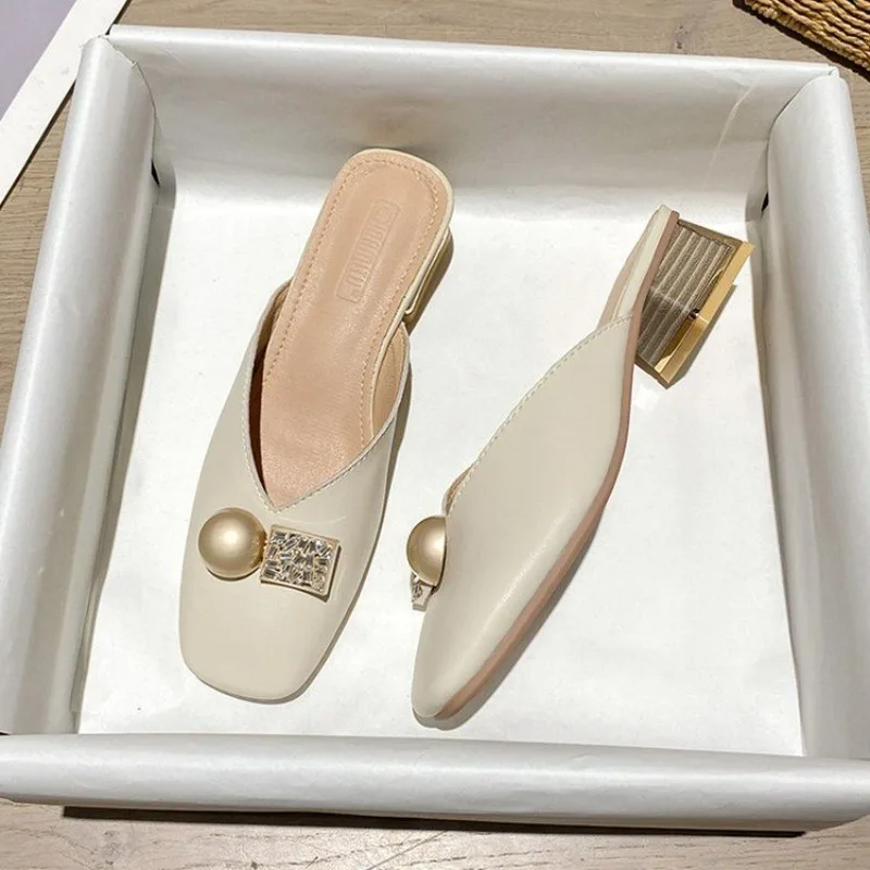 Casa mules sapatos trabalho em casa fora chinelos femininos e senhoras sandálias slides damasco salto baixo h sandália novo estilo na promoção i