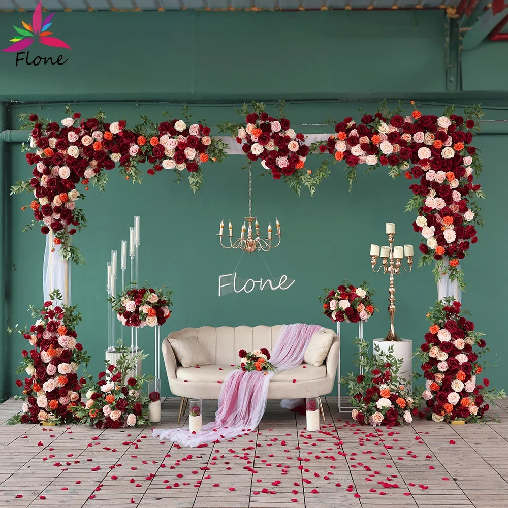 Decoration Mariage Backdrop Dark Red Artificial Flowers Arrangement High Quality Rose Green Leaves Sztuczne Kwiaty Props HY2478