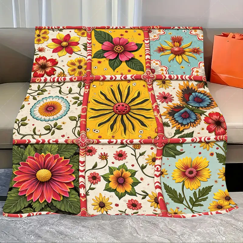 

1pc Flannel Blanket Vibrant Floral Patchwork Quilt for Cozy Home Decor