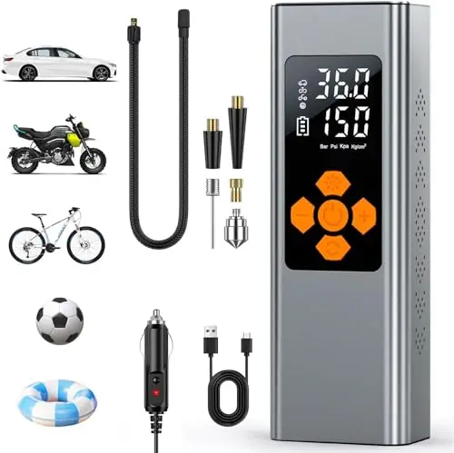 Tire Inflator Portable Air Compressor: 150PSI Tire Pump with Dual Power Included 7800mAh Battery & 12v DC Adapter - Electric