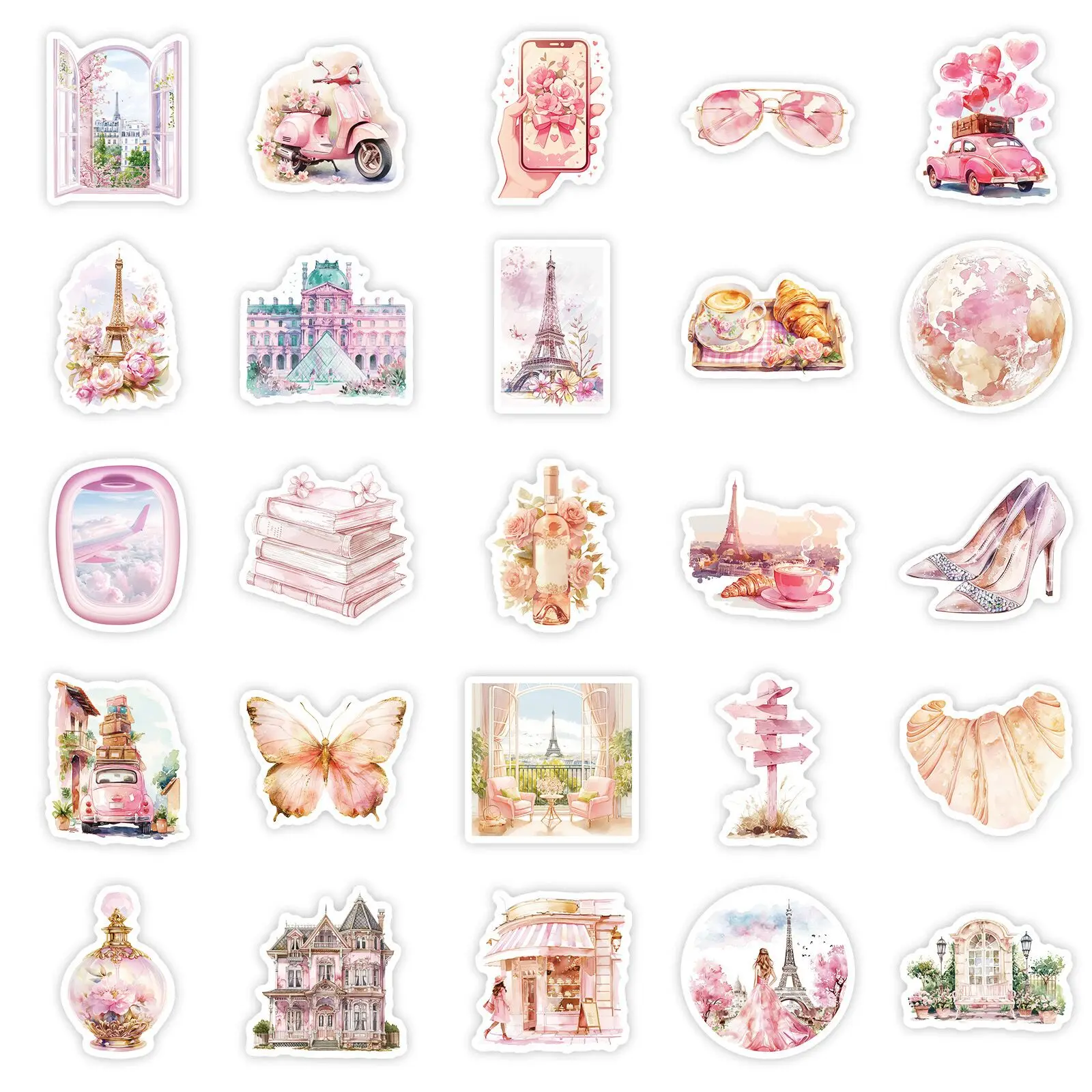 10/50PCS Vintage Pink Paris Eiffel Tower Girls Decoration Stickers DIY Diary Suitcase Phone Laptop Guitar Luggage Kawaii Sticker